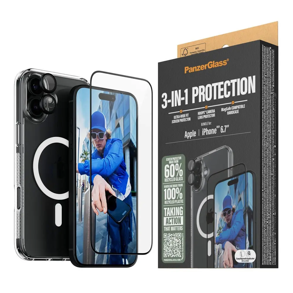 iPhone 16 Plus PanzerGlass 3-i-1 Bundle m. EasyAligner - Skjermbeskyttelse (UWF) / Deksel / Kamerabeskyttelse