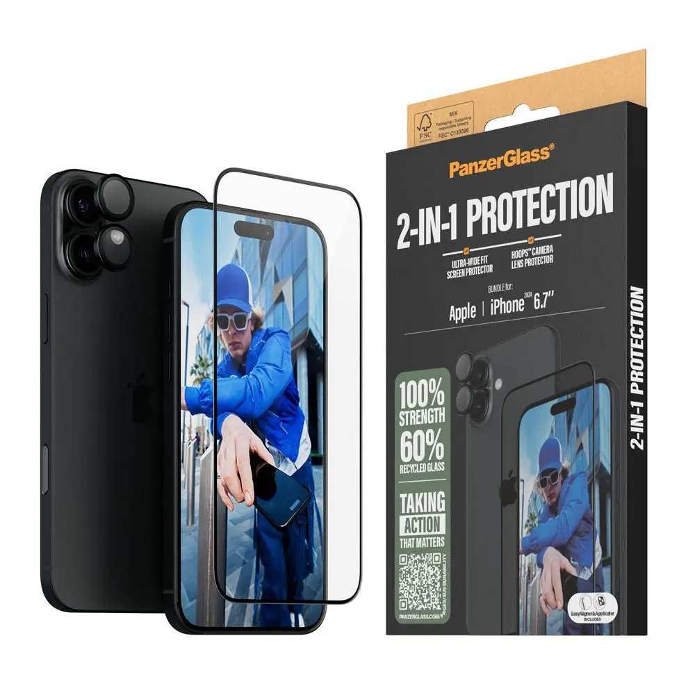 iPhone 16 Plus PanzerGlass 2-i-1 Bundle m. EasyAligner - Skjermbeskyttelse (UWF) / Kamerabeskyttelse