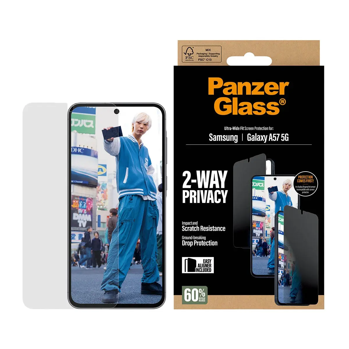 Samsung Galaxy A57 PanzerGlass 2-Way Privacy Skjermbeskyttelse med EasyAligner - Gjennomsiktig