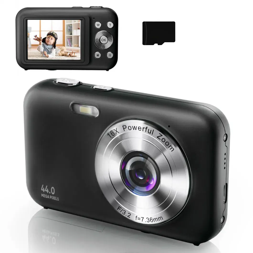 Digitalkamera 1080P 44MP 16x zoom 2,4-tommers skjerm, 32 GB minnekort Black