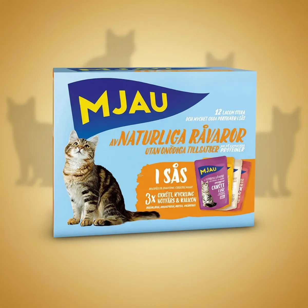 Mjau porsjonsposer multipack - kjøttsmaker i saus (12 × 85 g)