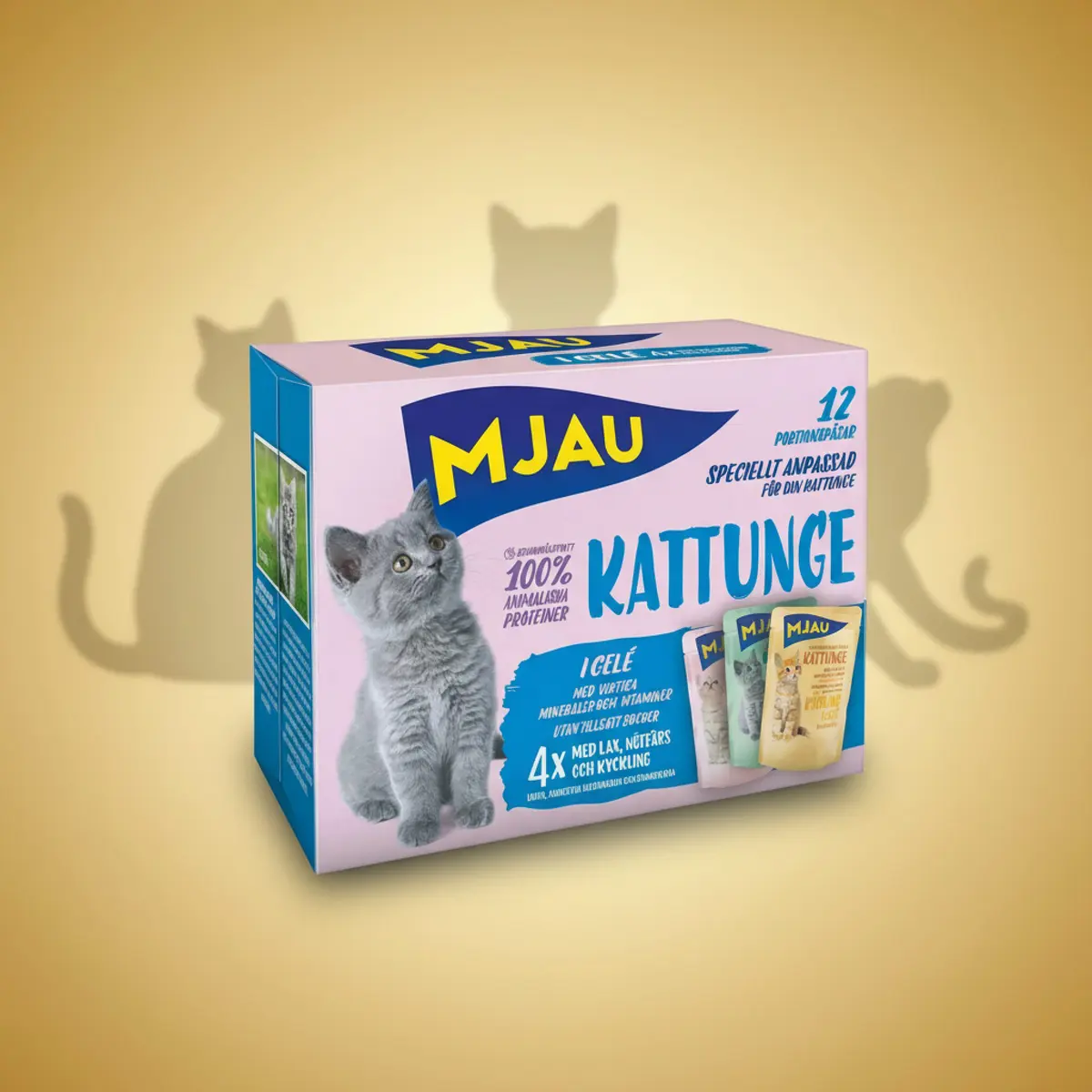 Mjau Pouch Multipack Kattunge - Laks, Storfe og Kylling (12 × 85 g)