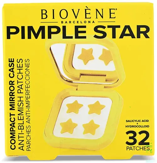 Biovène PIMPLE STAR PATCHES & MIRROR CASE Yellow Pimple Patches - Anti-Blemish Stars in portable mirror case, 32 patches 4 g