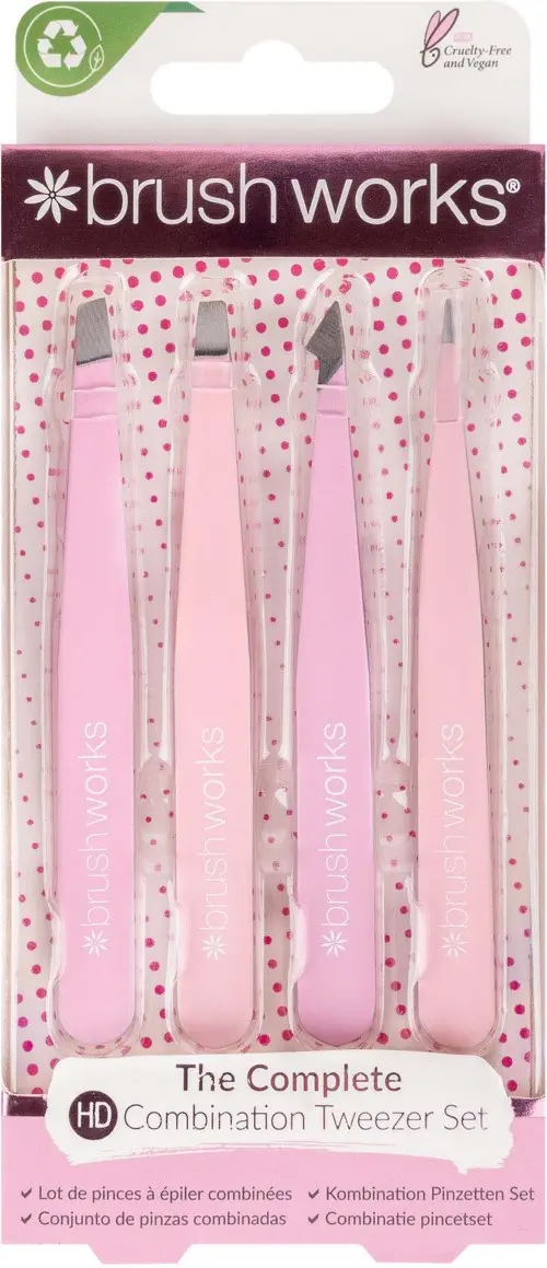 Brushworks HD 4 Piece Combination Tweezer Set - Pink