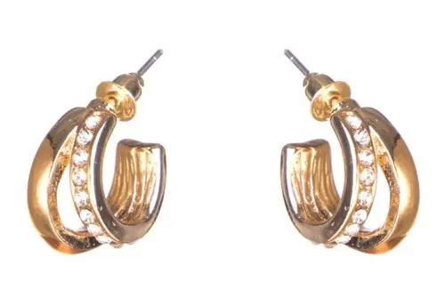 Dazzling Earring gold col, creols two lines, one line w crys