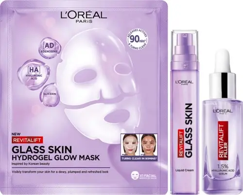 Loreal Paris Revitalift Filler 1,5% Hyaluronic Acid Serum 30 ml & Glass Skin Liquid Cream 50 ml & Hydrogel Glow Mask