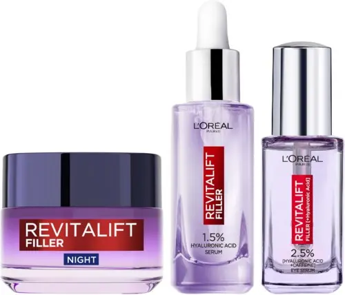Loreal Paris Revitalift Filler1,5% Hyaluronic Acid Serum 30 ml, Revitalift Filler Night Cream 50 ml & 2,5% Hyaluronic Acid Eye Serum 20 ml