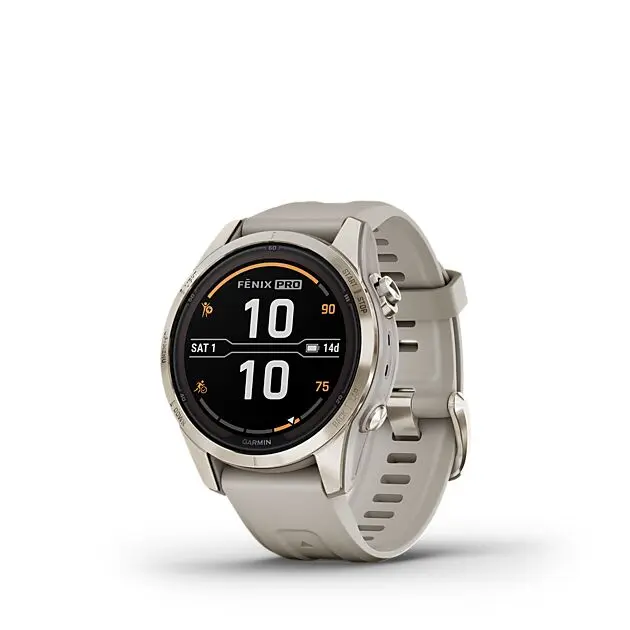 GARMIN Fēnix 7S Pro Sapphire Solar Edition smartklokke med GPS Soft Gold SS w/Lt. Sand Band Alle