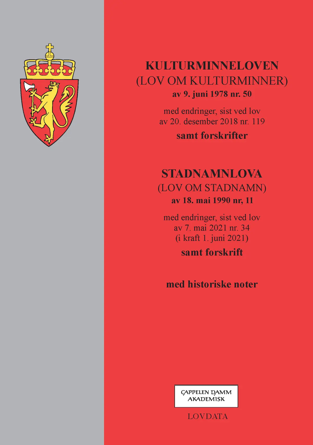Kulturminneloven m/forskrifter og stadnamnlova m/forskrift