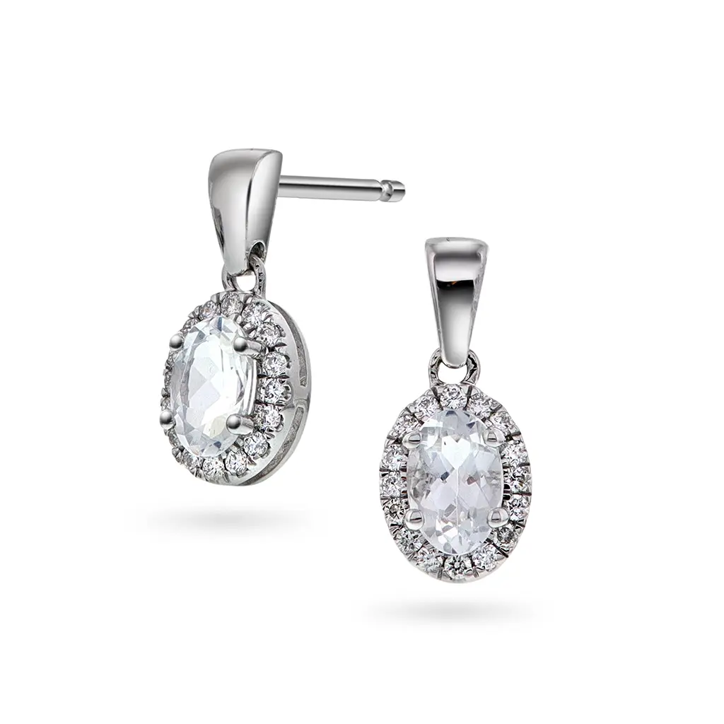 Edel øredobber i 585 hvitt gull med diamant 0,20 ct og hvit topas
