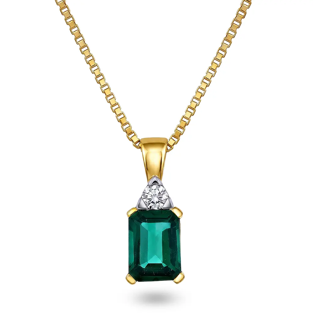 Michelle diamantsmykke i 375 gult gull 0.05 ct med hydrotermisk smaragd