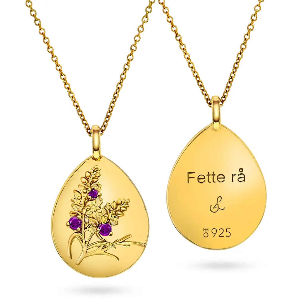 Amulett i 925 forgylt sølv med teksten "Fette rå" og ametyst