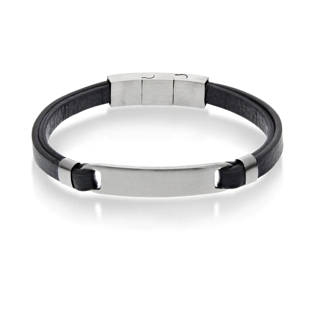 Armbånd i stål og sort skinn