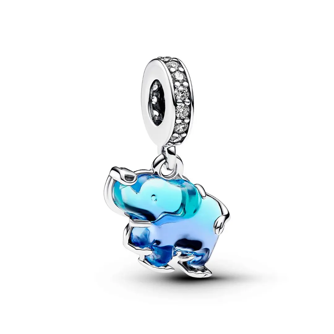 Charm i 925 sølv med elefant og muranoglass