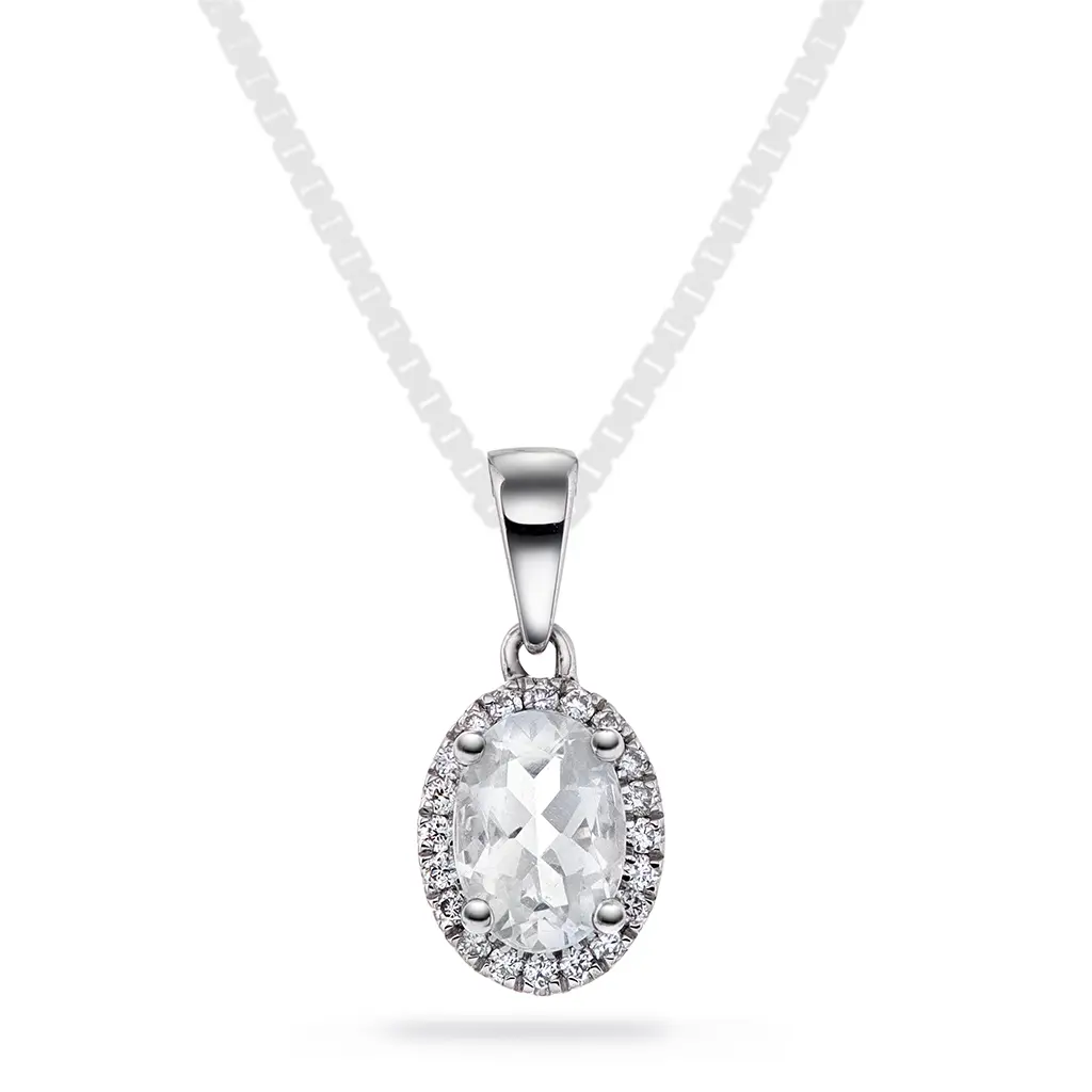 Edel smykke i 585 hvitt gull med diamanter 0,10 ct med hvit topas