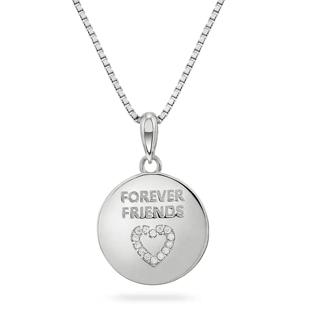 Smykke i 925 sølv med hvite zirkonia og teksten "FOREVER FRIENDS"