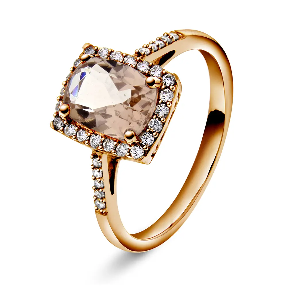 Jacqueline diamantring i 375 roségull 0,20 ct med morganitt