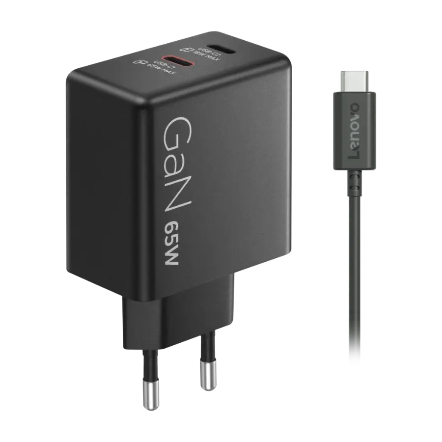 Lenovo Dobbel USB-C 65 W GaN laptoplader, svart