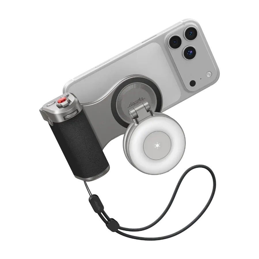 Dacota Platinum magnetisk kameragrep med LED-lys og powerbank-funksjoner, sølv/svart