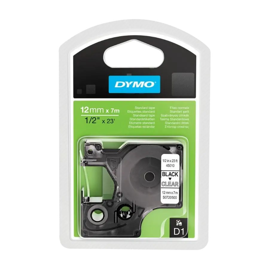 Dymo D1 -Standard Etiketter, svart På Klar- 12MM X 7m