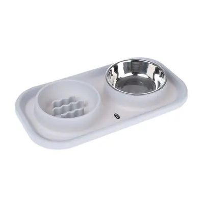 TIAKI dobbeltskål i rustfritt stål og Slow Feeding Silicone skål med matte