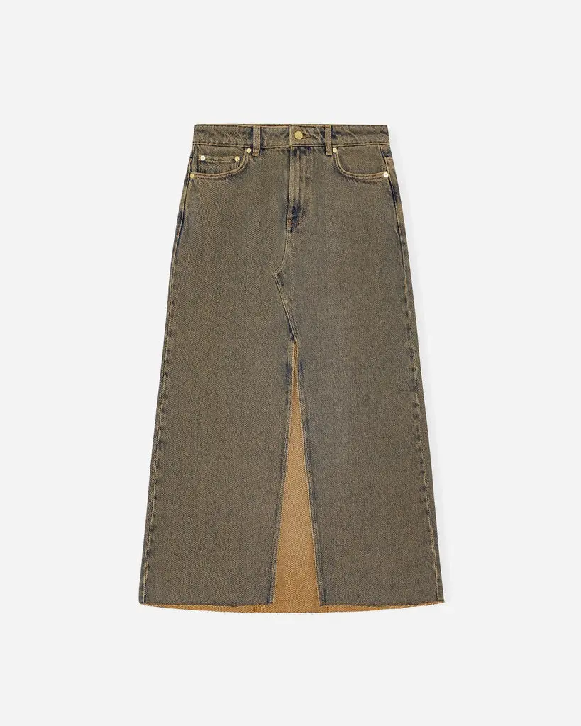 Overdyed Heavy Denim Maxi Skirt - Shitake