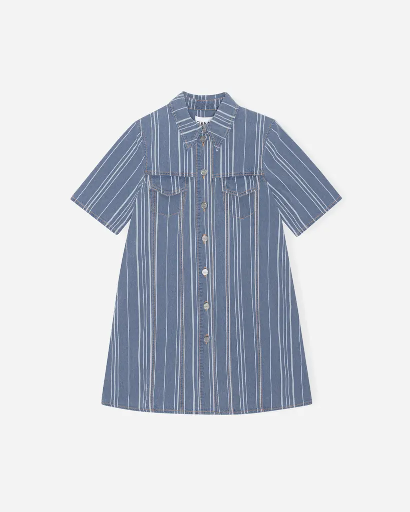 Light Stripe Denim Mini Dress - Mid Blue Stone