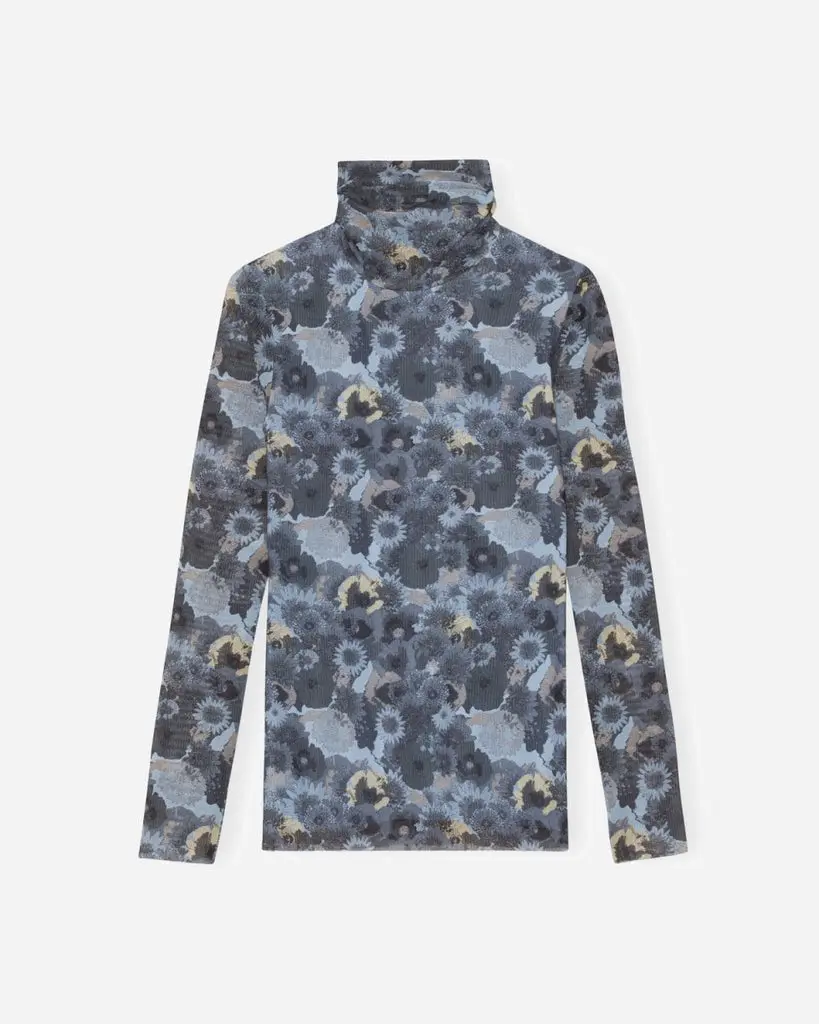 Printed Mesh Long Sleeve Rollneck - Brunnera Blue