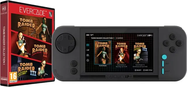 Evercade EXP-R håndholdt spillkonsoll og Tomb Raider Cartridge pakke