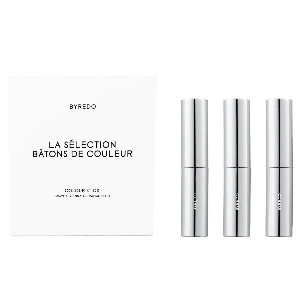 Set Byredo : Color Stick, Multifunzionale, Ombretto Stick, Dravite, 3,5 g + Color Stick, Multifunzionale, Ombretto Stick, Vienna, 3,5 g + Color Stick, Multifunzionale, Ombretto Stick, 580, Ultramagnetico, 3,5 g + Custodia in tessuto GWP