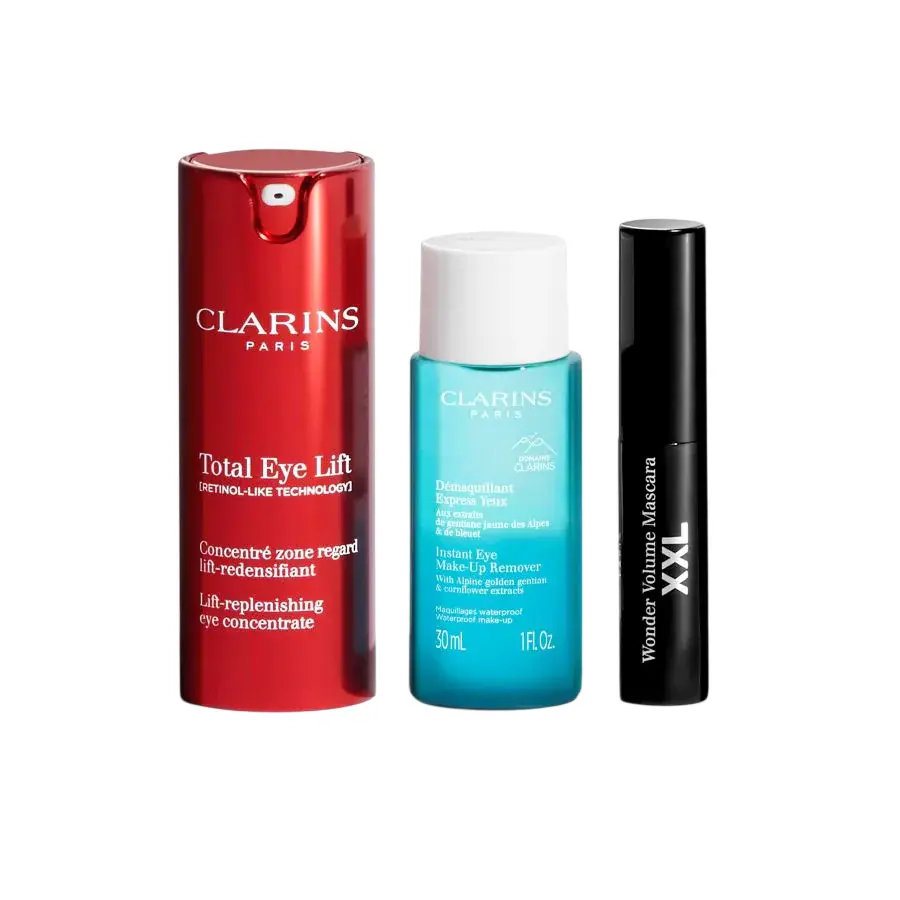 Set Clarins: Total Eye, Lift, Day, Siero contorno occhi, 15 ml + Instant Eye, Lozione struccante, 30 ml + Wonder Volume, Volumizzante, Mascara, Nero, 3 ml *Miniature