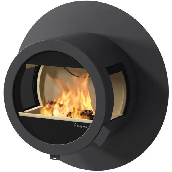 Peisovn me wall med brannmursplate, med sideglass