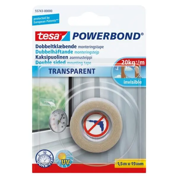 Tape dobbeltsidig 1,5mx19mm transparent