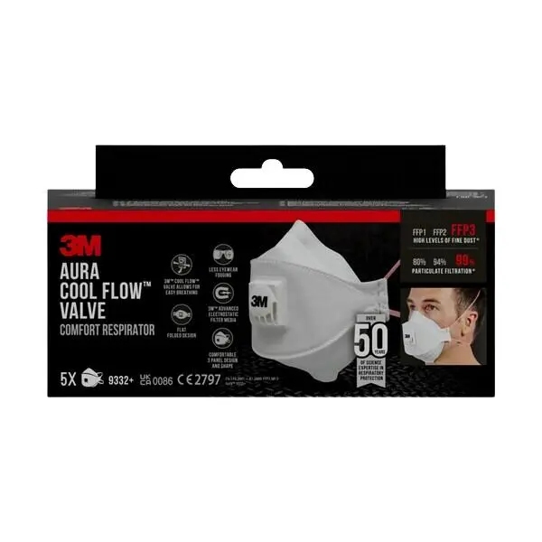 Maske s fint støv 9332pt ffp3 m/ventil eske a 5 stk