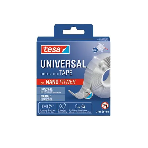Monteringstape nano power 3m x 30mm universaltape til glatte overflater