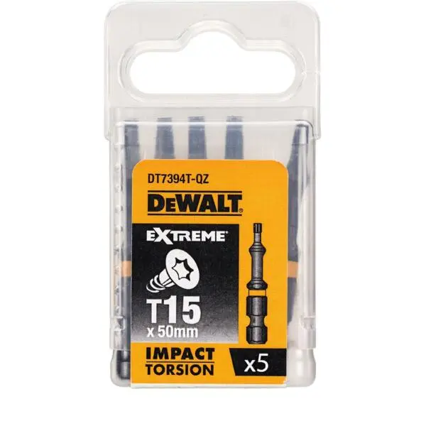 Bits torx t15 50mm 5stk dt7394t torsion for bruk med slagtrekker