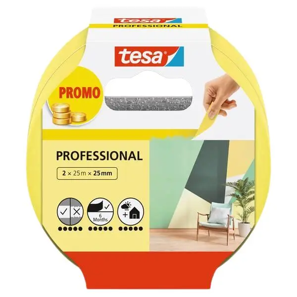 Malertape 25mx25mm 2pk gul professional innendørs 2-pakning