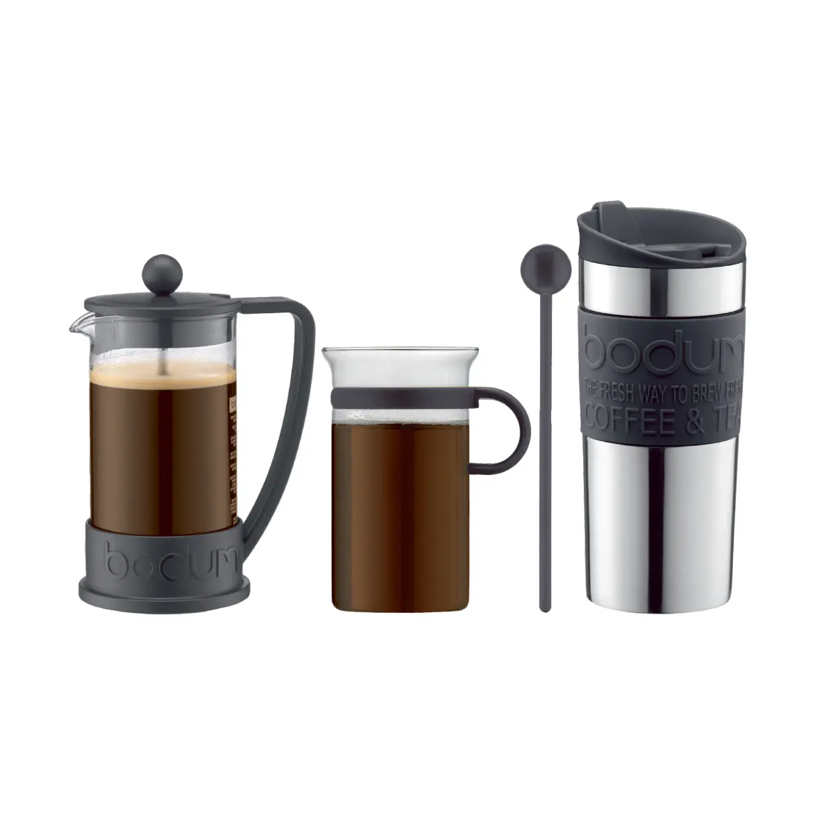 Kaffesett med presskanne, kopp, reisekopp og skje, Sort