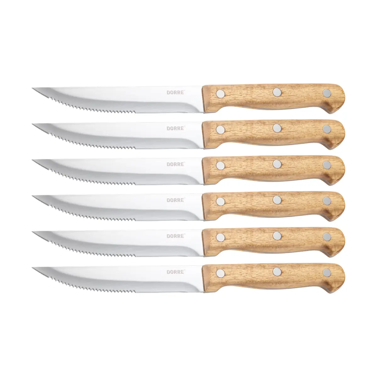 BBQ biffkniv, Rustfritt stål, 6‑pakning, trekasse akasie, 22,5×2 cm