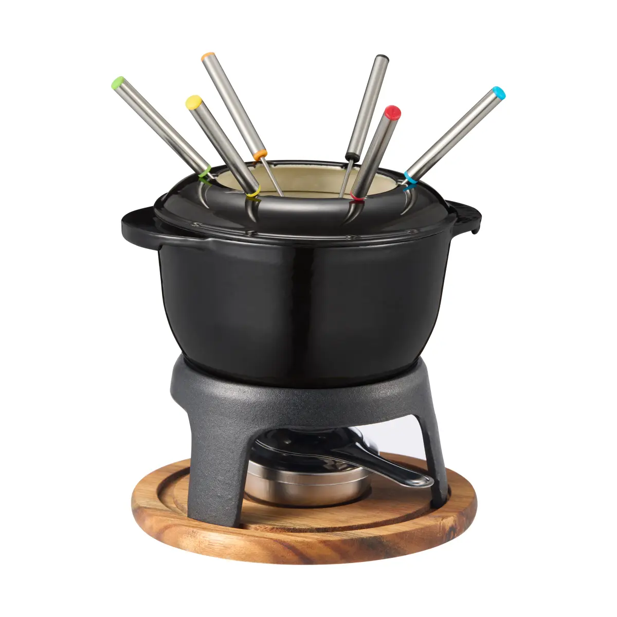 Foni Fondue støpejern emaljert 21×18,4×9,8 cm, Svart-akasie treplate