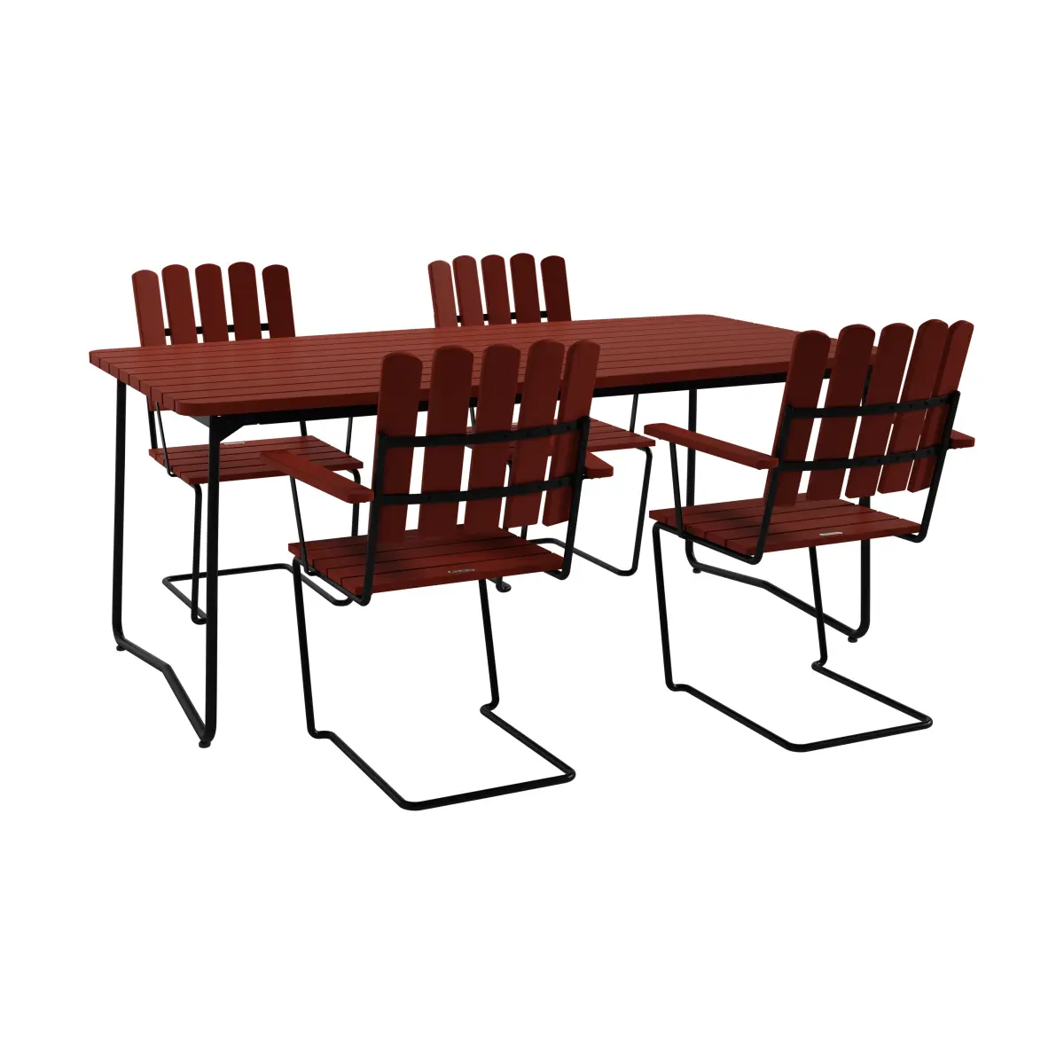 B31 bord 170 cm + 4 A2 lenestol, mørkerødt eik-svart stativ