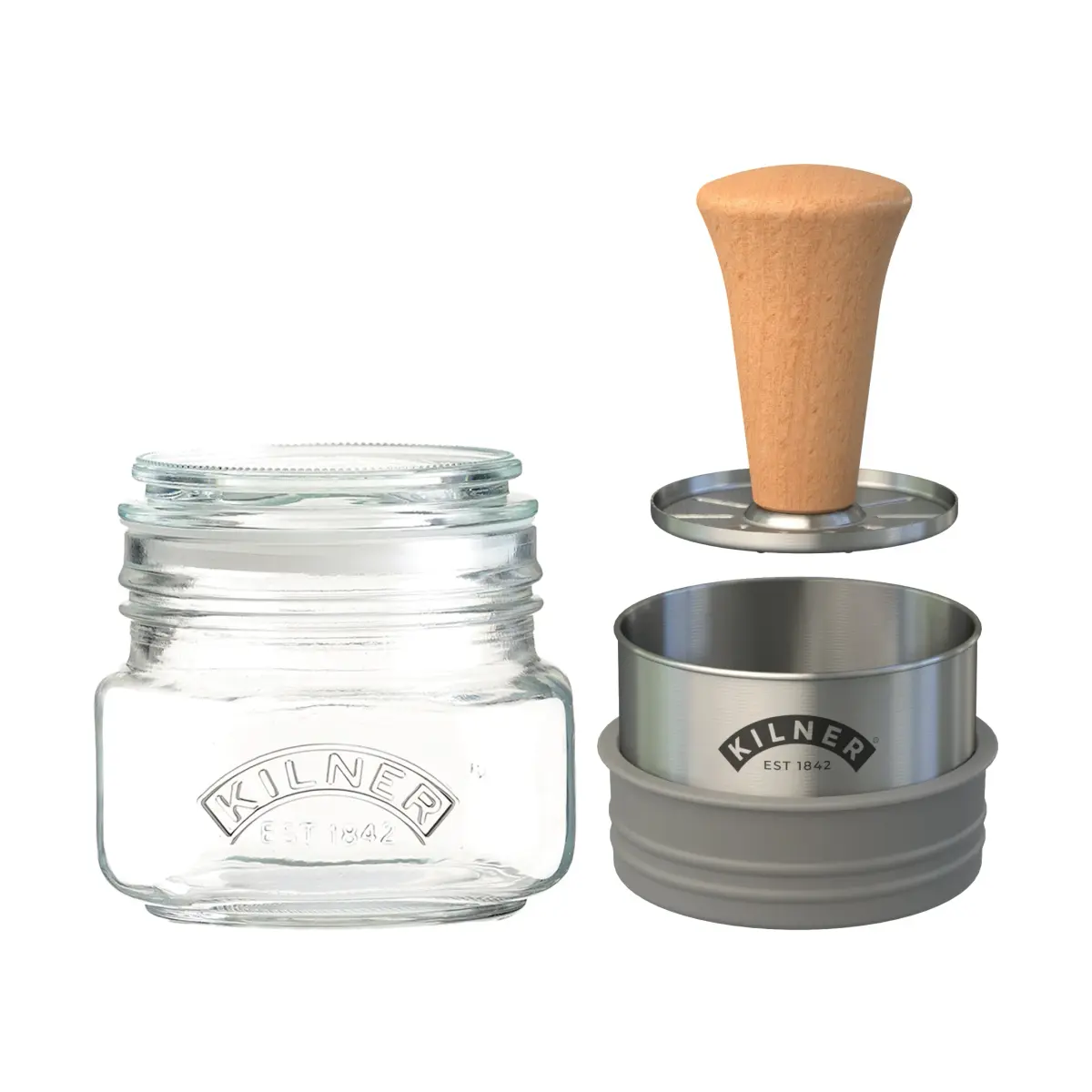 Kilner Mash & Store oppbevaringskrukkesett, Klar-rustfritt stål-tre, 0,5 L