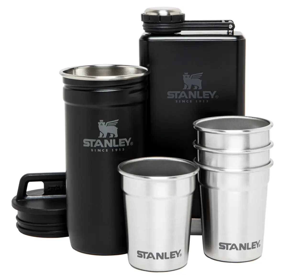 Stanley Plunta & 4 shotglass, Rustfritt stål-mattsvart