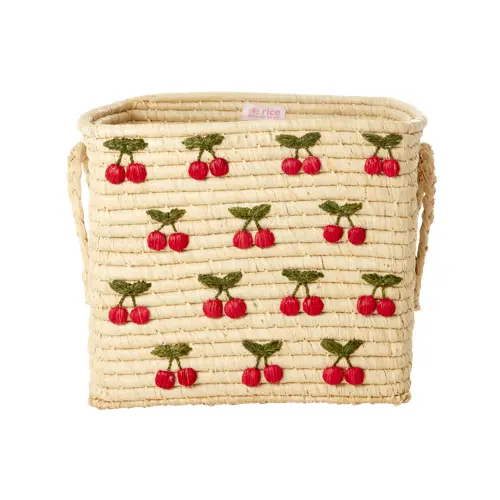 Rice - Raffia Square Basket with Small Cherries Embroidery - Red - 30 cm x 30 cm x 25 cm
