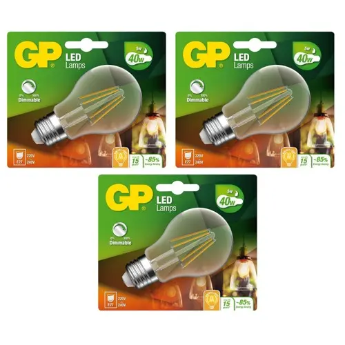 GP - LED Lamp Classic Filament, E27, DIM, 5W (40W), 470lm I Bundle (3 Pcs)