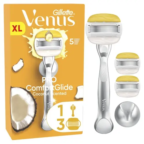 Venus - Pro ComfortGlide barberhøvel for kvinner med kokosduft - inkludert 1 ekstra blad - Gul/Hvit