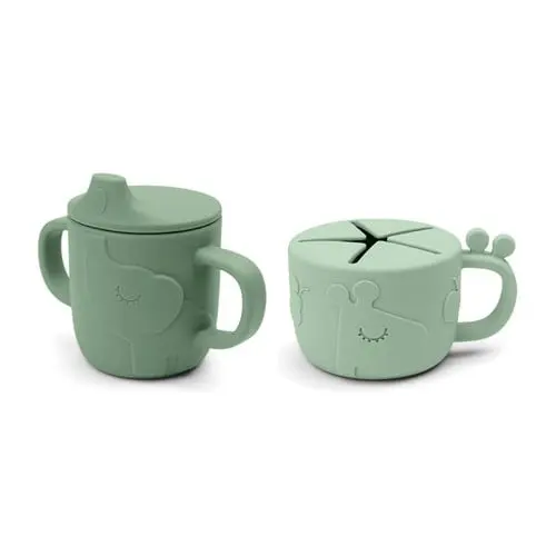 Done by Deer - Peekaboo Spout/Snack Cup Set Deer Friends - Green - Tudkop: Ø6,5 x H 9 cm, Snack Kop: Ø8 x H 6,5 cm