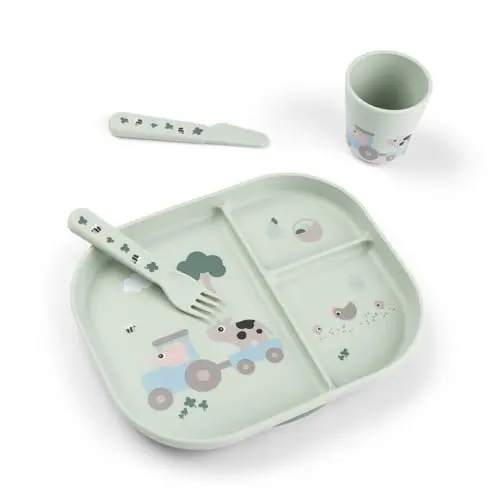 Done by Deer - Foodie dinner set with suction - Tiny farm Green - Plate: 22 x 18 x H 3 cm, Cutlery: 12 cm, Cup: Ø6.5 x H 7 cm