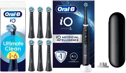 Oral B - iO5s Matt Black Electric Toothbrush + iO Series Ultimate Clean Replacement Brush Heads - Black - 6 count (Bundle)