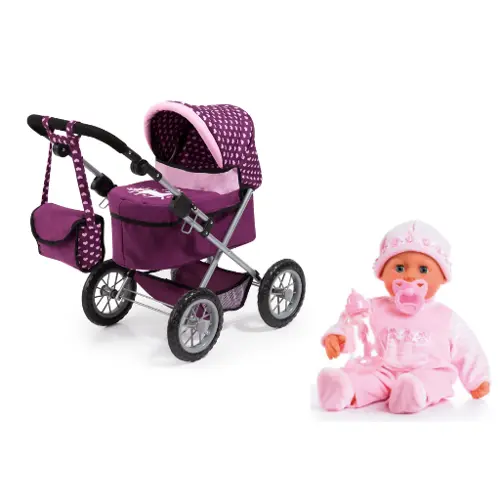Bayer – Dukkevogn Trendy Lilla + Dukke First Words Baby Soft Pink 38 cm